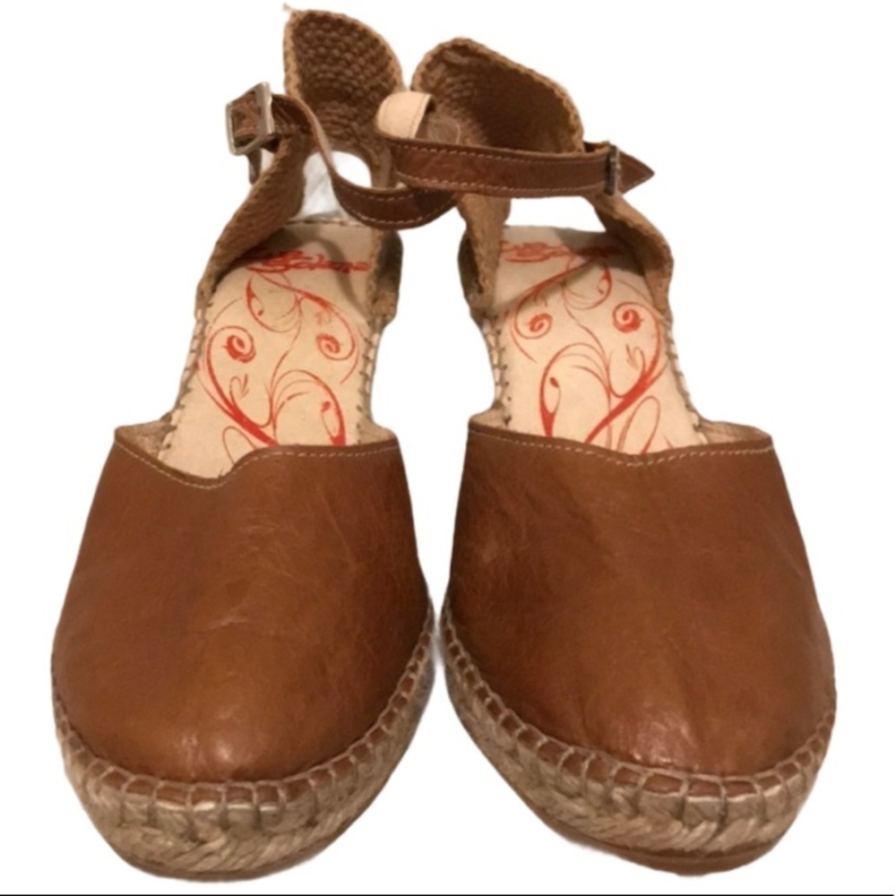 EVA SOLANA Women’s Tan & Brown Leather Wedge Sandals Size 8